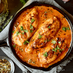 Pechuga de pollo asada con salsa de pimiento rojo braseado y salteado de verduras